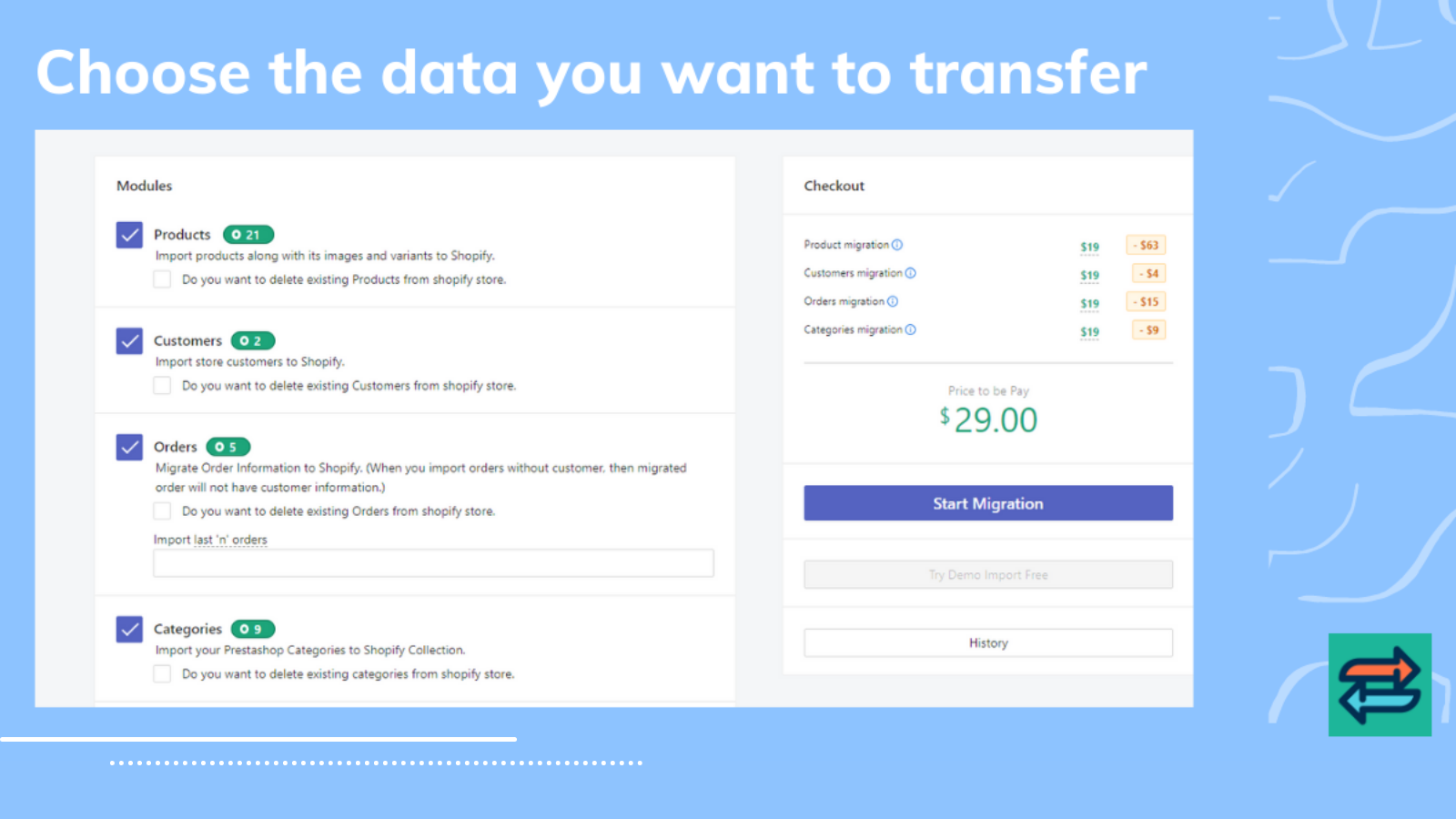 Transfer data efficiently with Prestify's content selection feature.